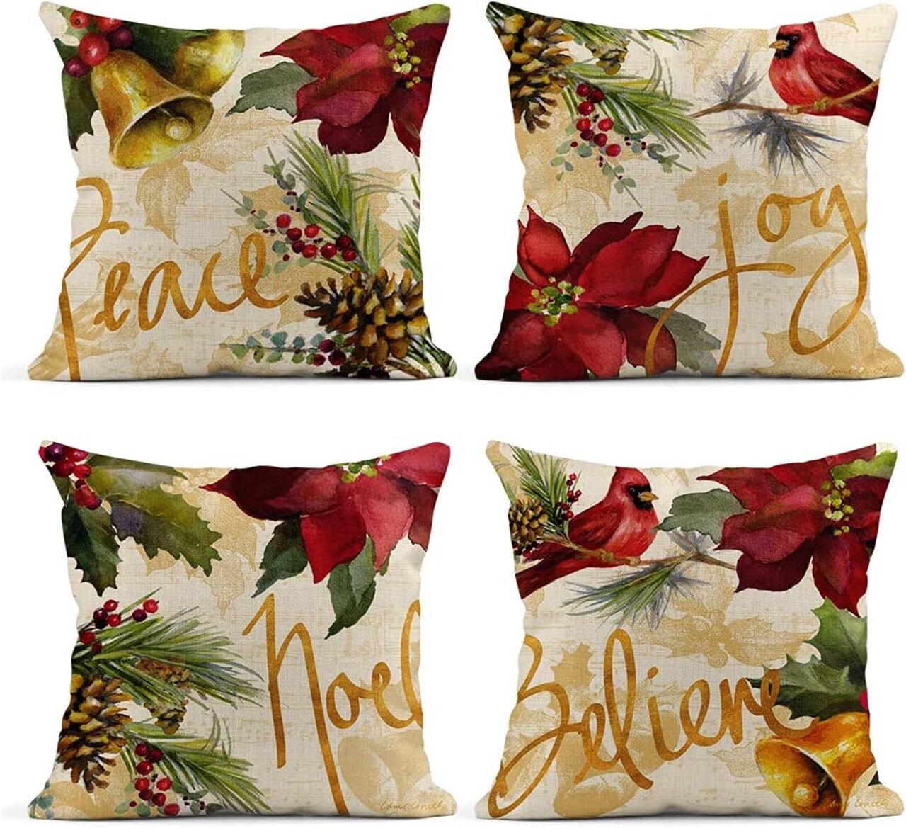 Set of 4 Linen Throw Pillow Covers 16x16 Inch Christmas Watercolor Poinsettia Cardinal Home Decor Pillowcase Square Cushion Covers for Sofa Bed Couch Car